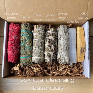 Sage Cleansing Essentials Variety Pack with White Sage, Yerba Santa, Cedar Sage, Palo Santo, Selenite, Dragons Blood Sage, and Blue Sage