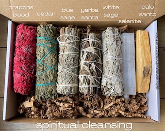 Sage Cleansing Essentials Variety Pack with White Sage, Yerba Santa, Cedar Sage, Palo Santo, Selenite, Dragons Blood Sage, and Blue Sage