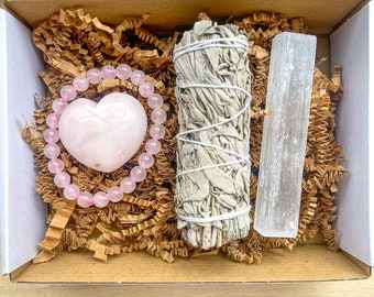 White Sage Smudge Kit with Rose Quartz Crystal, Rose Quartz Healing Bracelet, and Selenite for Cleansing and Healing Energy, Crystal Gift