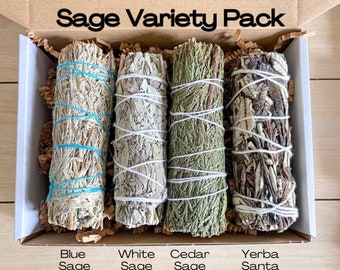 Sage Bundle Assortment Smudge Kit for Spiritual Protection and Energy Cleansing Gift Box, White Sage, Blue Sage, Cedar Smudge, Yerba Santa