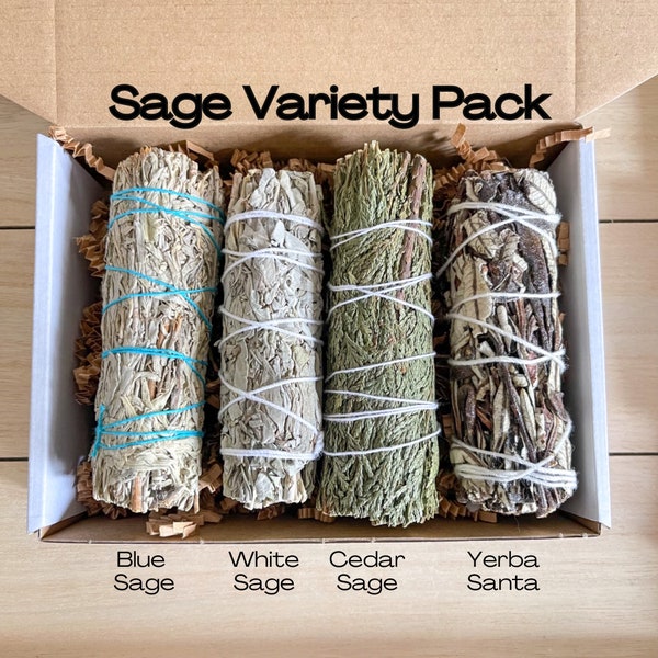 Sage Bundle Assortment Smudge Kit for Spiritual Protection and Energy Cleansing Gift Box, White Sage, Blue Sage, Cedar Smudge, Yerba Santa