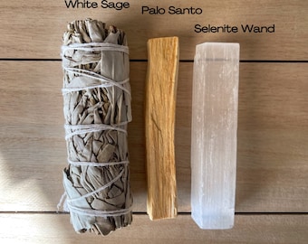 White Sage Smudge Kit For New Home Protection Crystal Kit For Beginners, Palo Santo and Sage for Cleansing Ritual, Selenite Crystal Energy
