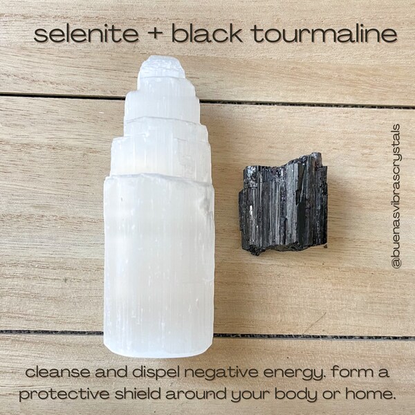 Selenite and Black Tourmaline Home Protection Crystal Set, Spiritual Gift, Cleansing Stones, Reiki Healing Stones, Dispells Negative Energy