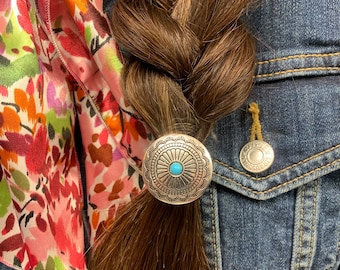 Circle scalloped hair Concho ponytail holder with turquoise colored Stone