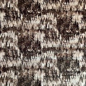 May include: A seamless pattern featuring a repeating design of dark brown and white trees against a light brown background. The trees are stylized and resemble a forest scene.