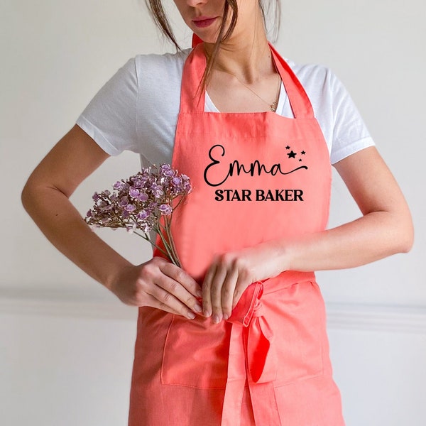 Tablier en lin Star Baker personnalisé avec poche / Cadeau pour elle / Cadeau de la fête des mères pour maman / Cuisson Femmes Présent Chef Chef Maman Jardinage