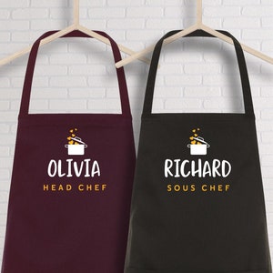 Head chef and Sous chef aprons with name / SET OF 2 / Cute Valentine&#39;s Day gift / Kitchen apron for women and for men / Housewarming GIft