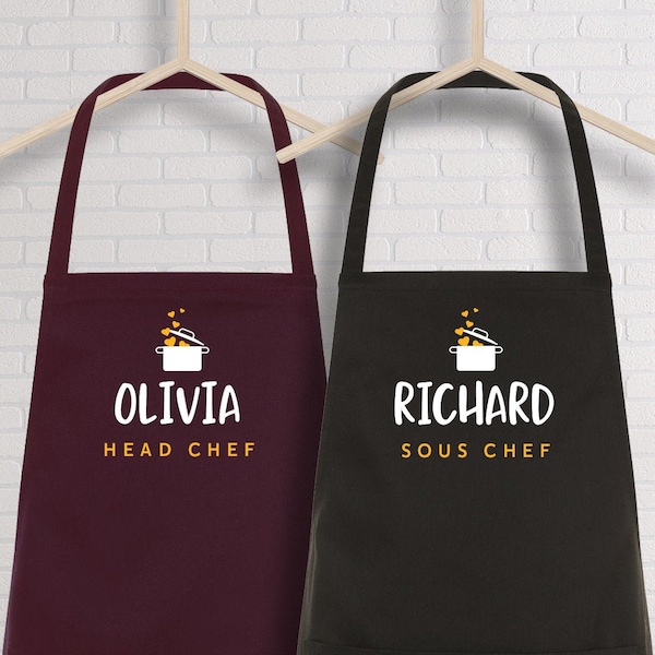 Head chef and Sous chef aprons with name / SET OF 2 / Cute Valentine's Day gift / Kitchen apron for women and for men / Housewarming GIft