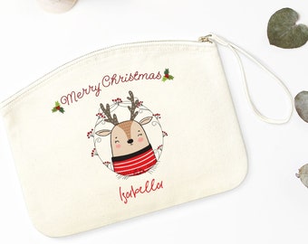 Bolsa de maquillaje temática de Navidad personalizada con nombre / regalo de Navidad para ella / bolso de maquillaje de renos / abuela, hija, tía, regalo de la hermana
