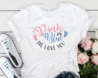 ピンクまたはブルーの「we love you」Tシャツ / 性別発表パーティーシャツ / ベビーシャワー / 妊娠シャツ / ファミリーマタニティシャツ / お母さんへのギフト