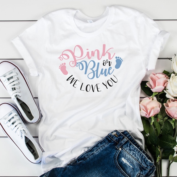 Camiseta rosa o azul te amamos / Camisa de fiesta de revelación de género / Baby Shower / Camisa de embarazo / Camisas de maternidad familiar / Regalo para la madre