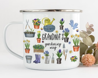 Personalised Enamel Gardening Mug / Garden Gift for Him And Her Couple Present / Allotment Head Gardener / Grandma's Grandad's gardening mug
