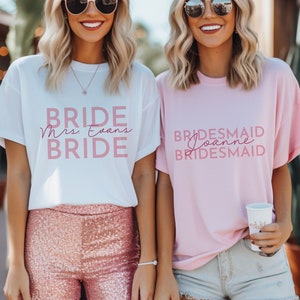 Personalised Bride and team T-shirt with last name Bridesmaid Maid of Honour Mother of the Bride Mother of the groom party outfit Hen Top