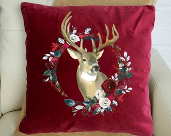 Reindeer and Christmas flowers velvet Cushion / Christmas decor / 6 colours / Christmas gift for her / Throw Pillow / Xmas decoration
