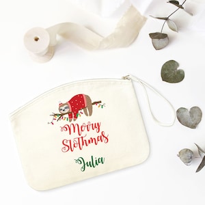 Funny Merry Slothmas Personalised Christmas makeup bag with name / Gift for her / Grandma, daughter, aunt, sister, teacher cute Xmas gift