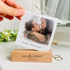 Personalised Engagement or Wedding gift / Your Photo with Laser Engraved Names on a Wooden Stand and Hidden Message on a Metal Plaque