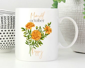 Personalised birth flower mug / October birth flower marigold / Floral design birthday gift / 30th, 40th, 50th, 60th, 70th Gift for her