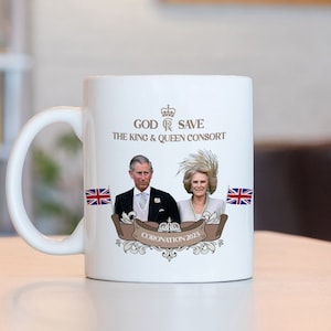 Coronation mug with HM King Charles III and Camilla Photos / God Save the King and Queen Consort / Gift for her him Royal Family keepsake