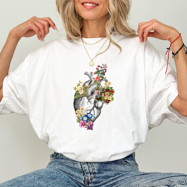 Anatomical heart with flowers t-shirt Valentine's days T shirt First Valentine floral t-shirt Gift modern trendy fashion spring flowers