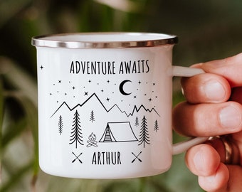Campervan Enamel Camping Mug / Personalised Nature Camp Mug with Tent and Mountains His And Hers Couple Travel Present Accessories Camping