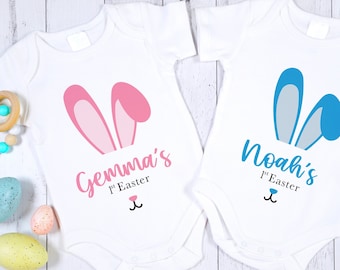 Body de bebé personalizado para su primer cumpleaños, diseño de conejito rosa o azul, top para niños y niñas, regalo de conejo, chaleco para el primer bebé, pelele de algodón