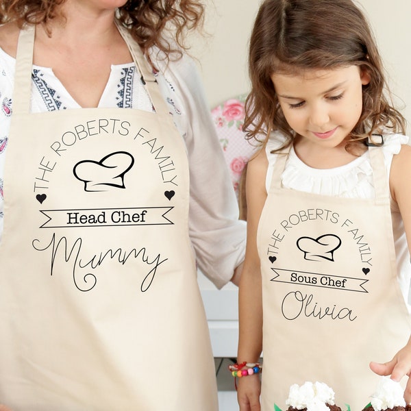 Matching head chef sous chef family aprons with names / Mum Dad Son Daughter Aprons / Cute Christmas Gift / Mother's Day Gift
