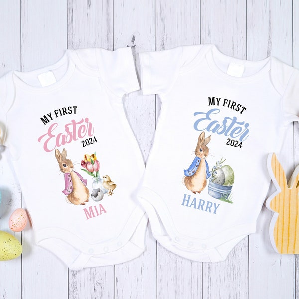 Personalised My First Easter Baby Bodysuit / Cotton PINK or BLUE bunny for boys or girls / Rabbit Gift / 1st / Baby Vest / Grow Gift Outfit