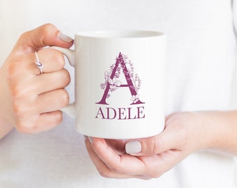 Name mug with elegant initial / Gift for him or her  / Personalised mug with a name / Floral Name Coffee Mug / botanical mug