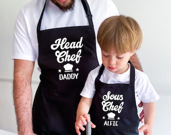 Gepersonaliseerde bijpassende vader kinderen schort / Vaderdag kerst verjaardagscadeau voor papa opa / Chef-kok Daddy Sous chef zoon dochter