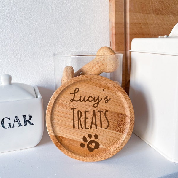 Dog or Cat Glass Treat and Food Jar With Personalised Wooden Laser Engraved Lid / Pet's snacks Dog's treats Christmas Gift for new pet owner