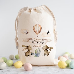 Personalised Easter sack with name Easter bunny rabbit gift Egg hunt bags Girls boys treat bag 1st Easter for her or him Happy Easter