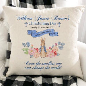 Personalised Christening cushion with name and church / PINK or BLUE / Baptism decoration / Baby Girl Boy Gifts / Keepsake / Naming Ceremony image 1