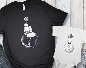 T-shirts assortis pour papa et bébé / T-shirt spatial Lune et astronaute papa fils ou fille / QTÉ 1 / Cadeau de la fête des Pères / Tee-shirt familial mignon