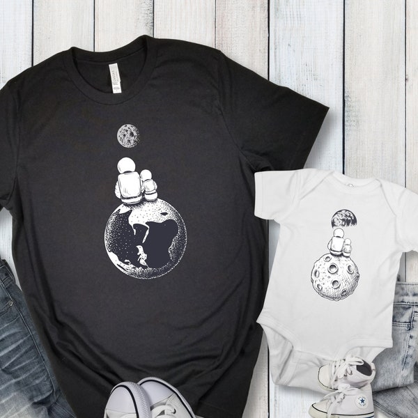 Passende T-Shirts für Papa und Baby / Mond und Astronaut Dad Son or Daughter Weltraum T-Shirt / QTY 1 / Vatertagsgeschenk / süßes Familien-T-Shirt