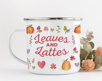 Leaves & Lattes enamel Mug / Autumn lover / Fall coffee mug / Cosy decorations / Camping Mug / Camper Mug / Outdoor Mug / Pumkin spice