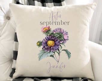 Personalised birth flower cushion / September birth flower aster / Floral design birthday gift / 30th, 40th, 50th, 60th, 70th Gift for her