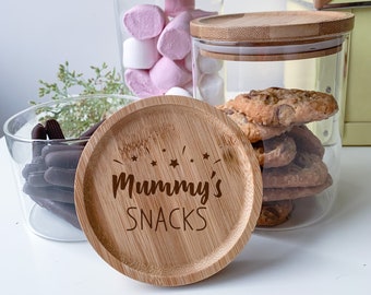 Personalised Glass Jar With Wooden Laser Engraved Lid / Mummy's snacks / Nanny's treats / Sweet Gift for her / Birthday Mother's Day grandma