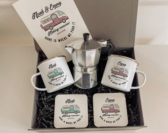 Campervan Enamel Camp Mug SET with coffee maker coaster card / Personalised motorhome Gift / His Hers Accessories Camping / Retro Caravan