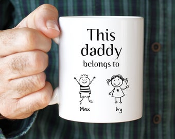 This daddy belongs to mug with kids names / Children's drawing / Personalised First Father's Day, Christmas Gift / Dad To Be / For Dada