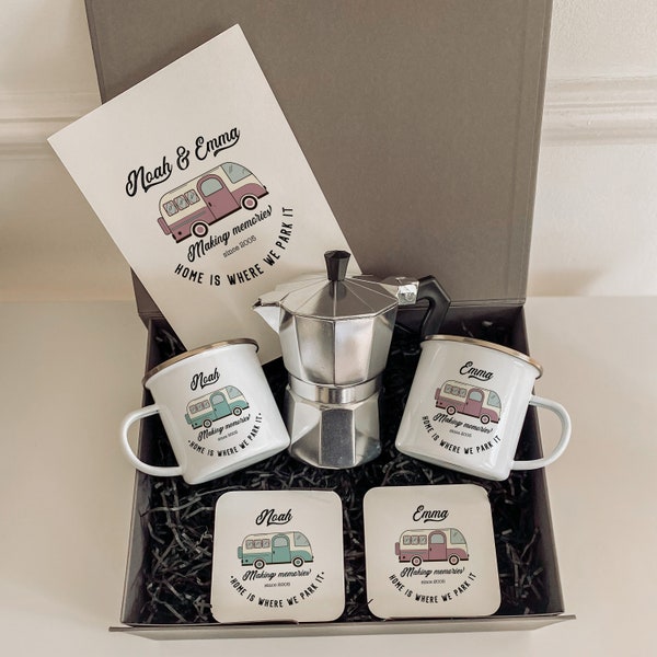 Campervan Enamel Camp Mug SET with coffee maker coaster card / Personalised motorhome Gift / His Hers Accessories Camping / Retro Caravan