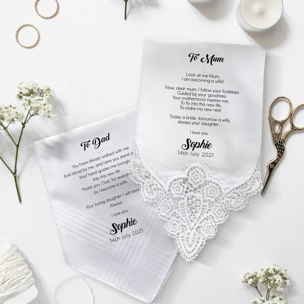Personalised Wedding Handkerchief Gift for Mother of the Bride, Father of the Bride Gift / MBF1 / Parents Wedding Gift / Personalised Hankie