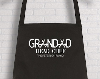 Delantal de abuelo personalizado con nombre de familia / Grandad jefe de chef / delantal de barbacoa / regalo de papá / regalo del día del padre / regalo de cumpleaños para él