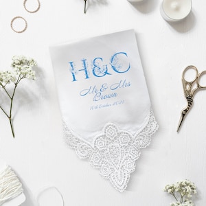 Personalised wedding handkerchief with initials, last name, wedding date / Something blue / Bridal shower hanky / Gift for bride, groom