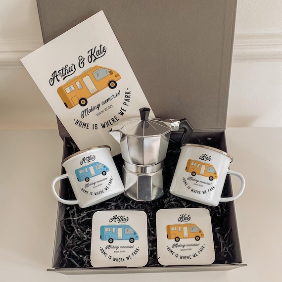 Campervan Enamel Camp Mug SET with coffee maker coaster card / Personalised motorhome Gift / His Hers Accessories Camping / Retro Caravan
