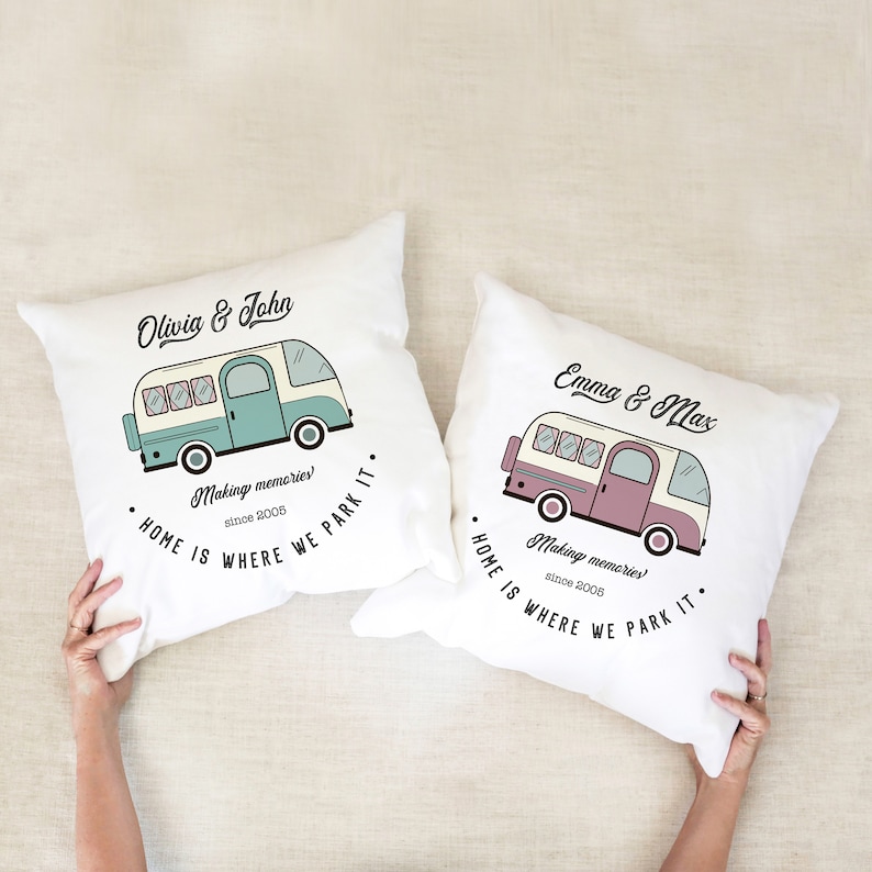 Campervan Camp Cushion / Personalised Camper Van Gift / His And Hers / Couple Travel Present / Accessories Camping / Retro Caravan Pillow image 3