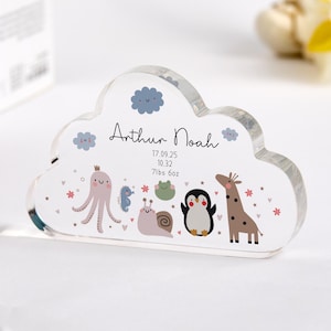 Personalised Newborn Gift with Name Date & Weight Baby Birth Stats Plaque Cute Animal Nursery Decor Keepsake Gift for New Parents Mum Dad