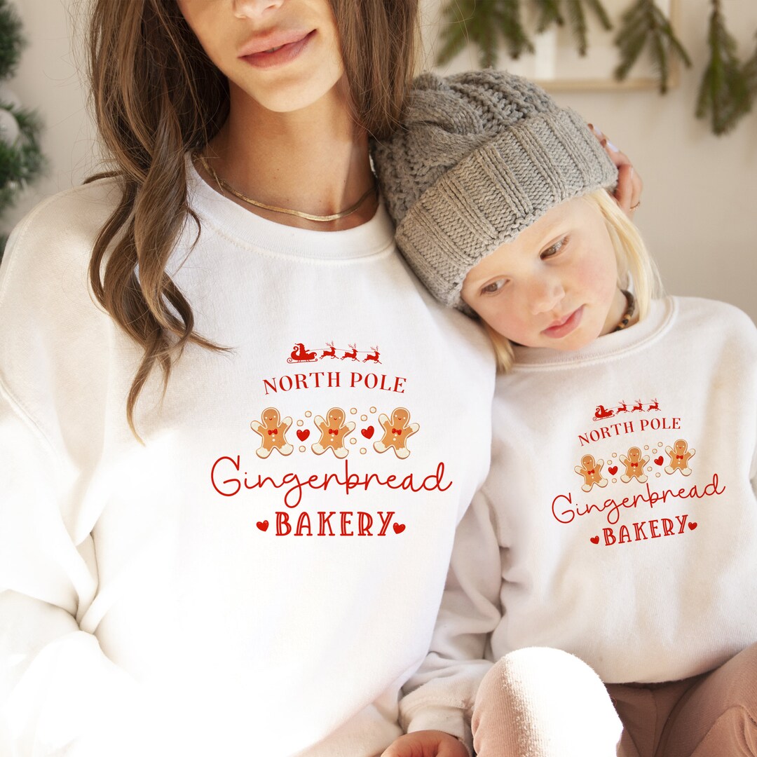 PomchickGift North Pole Gingerbread Bakery Christmas Jumper / Unisex Adult Kids Sizes / Matching Family Sweatshirt / Mum Daughter Xmas Shirt Women Girl
