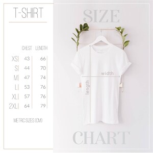 May include: T-shirt size chart with measurements in centimeters for chest and length. Sizes include XS, S, M, L, XL, and 2XL.