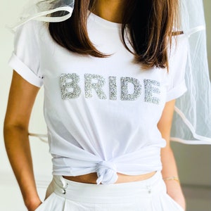 Bride t-shirt with sparkly rhinestone letters / Bridal Shower Engagement Gift / Bride to be shirt / Mrs Wedding tee / Hen party