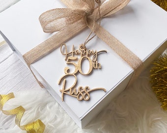 Personalised Birthday Wooden Gift Tag with Name and Age Gold Silver Rose Gold Black Natural Colour 21st 30th 40th 50th 60th 70th Birthday